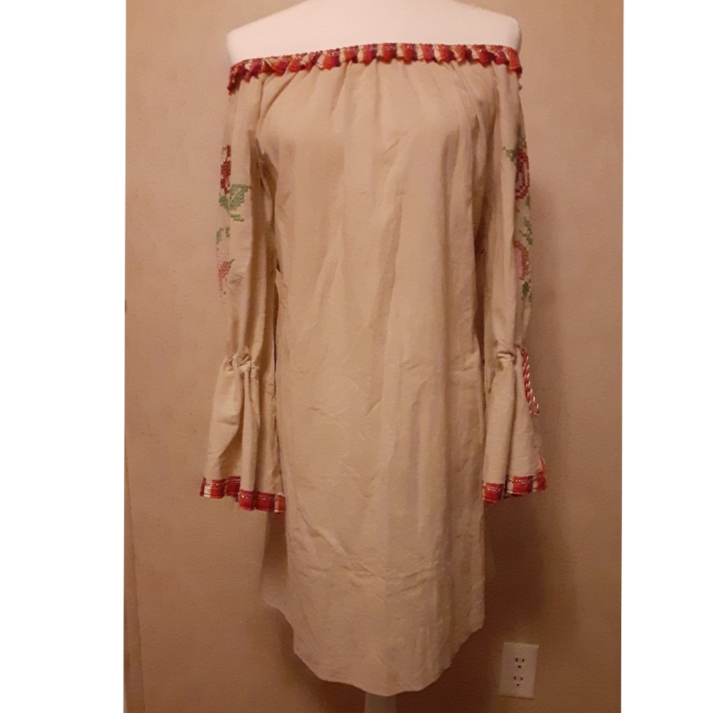 Velzera beige off the shoulder dress